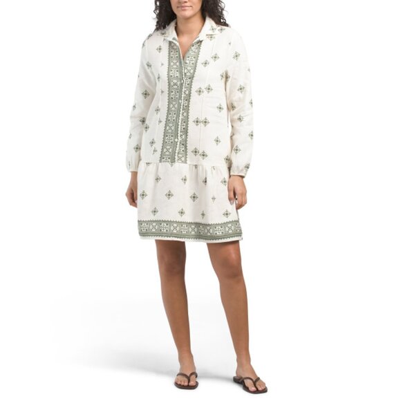 FRANCESCA BETTI  Italy Linen Blend Three-quarter Sleeve Border Print Mini Dress - Picture 1 of 2